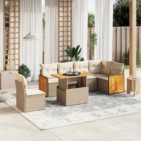 Gartenmöbelset mit Kissen 7 Teilig beige geflochtenes Harz