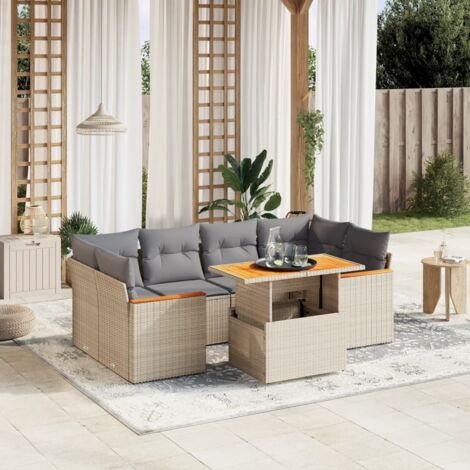 Gartenmöbelset mit Kissen 7-teilig beige, geflochtenes Kunstharz