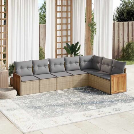 Gartenmöbelset mit Kissen 7 Teilig Beige Geflochtenes Material
