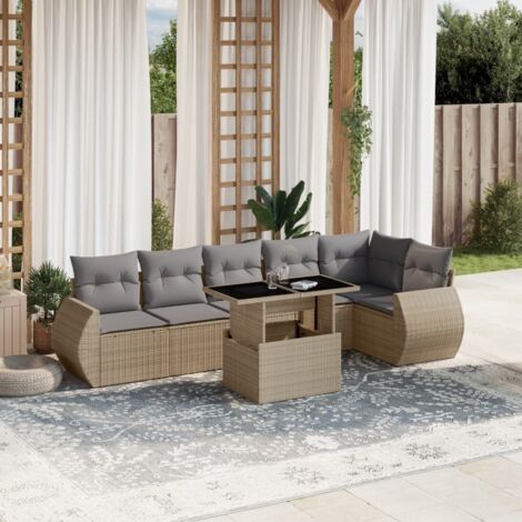 Gartenmöbelset mit Kissen 7-teilig beige Rattan