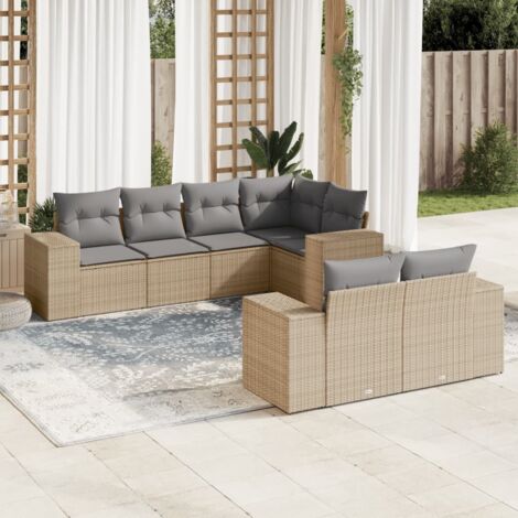 Gartenmöbelset mit Kissen 7 teilig Beige Rattan