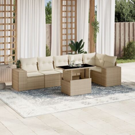 Gartenmöbelset mit Kissen 7-teilig Beige Rattan
