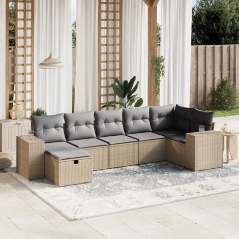 Gartenmöbelset mit Kissen 7-teilig, gemischtes Beige, geflochtene Kunstharz