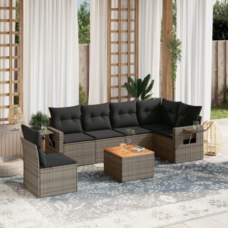 Gartenmöbelset mit Kissen 7 Teilig Grau Rattan