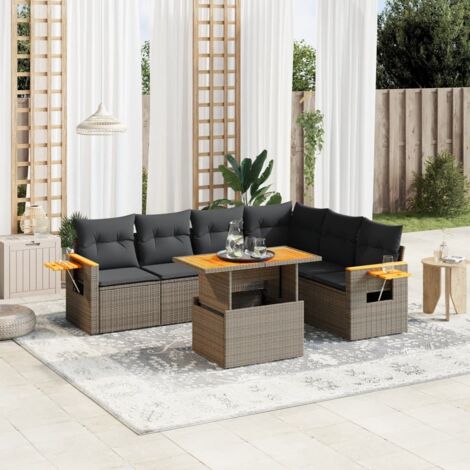 Gartenmöbelset mit Kissen 7-teilig grau Rattan