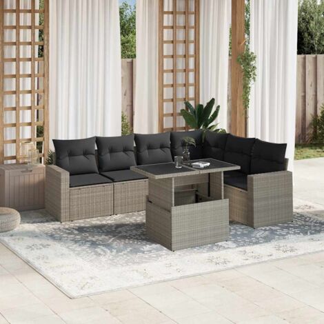 Gartenmöbelset mit Kissen 7-teilig hellgrau Rattan