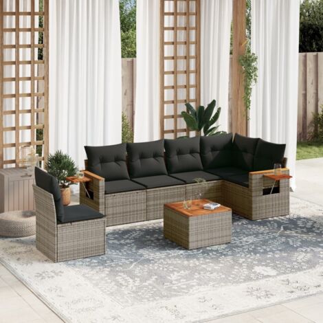 Gartenmöbelset mit Kissen 7 Teiliges Set Grau Rattan