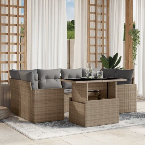 Gartenmöbelset mit Kissen 7-tlg. beige Rattan