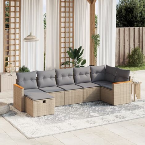 Gartenmöbelset mit Kissen 7Teilig beige meliert aus geflochtenem Kunstharz