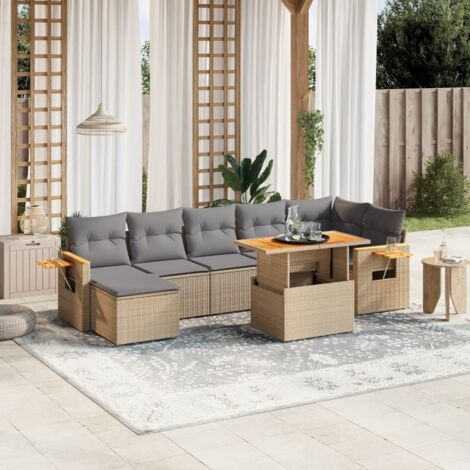 Gartenmöbelset mit Kissen 8 Stück beige Rattan