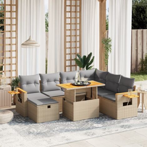 Gartenmöbelset mit Kissen 8 Teile beige Geflecht