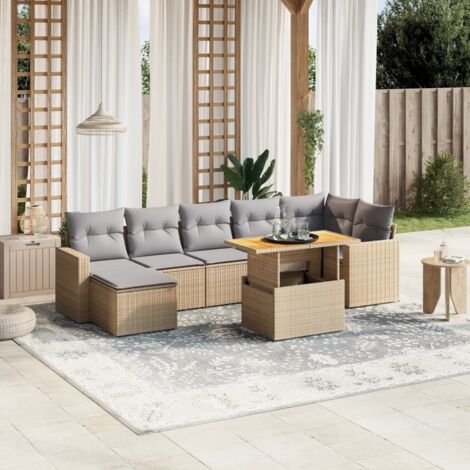 Gartenmöbelset mit Kissen 8 Teile beige Geflecht