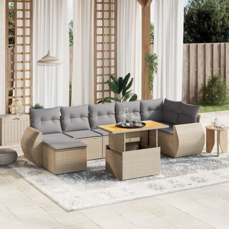 Gartenmöbelset mit Kissen 8 Teile Beige Geflochtene Kunststoffe