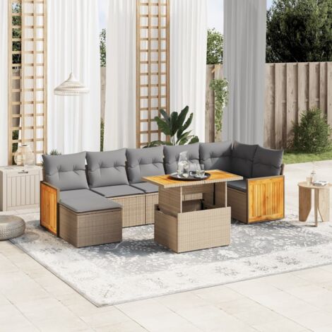 Gartenmöbelset mit Kissen 8 Teile beige geflochtene Rattan