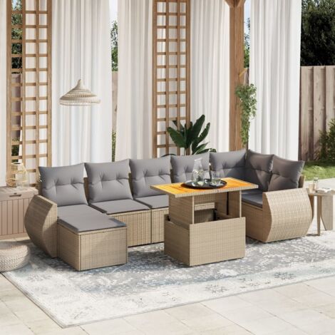 Gartenmöbelset mit Kissen 8 Teile Beige Rattan