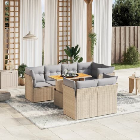 Gartenmöbelset mit Kissen 8-teilig Beige Geflecht
