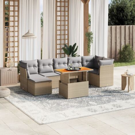 Gartenmöbelset mit Kissen 8 Teilig Beige Geflochtene Harz