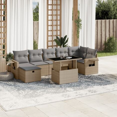 Gartenmöbelset mit Kissen 8 Teilig Beige Geflochtene Kunststoffe