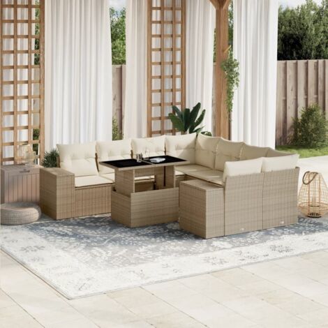 Gartenmöbelset mit Kissen 9 Stück beige geflochtene Rattan