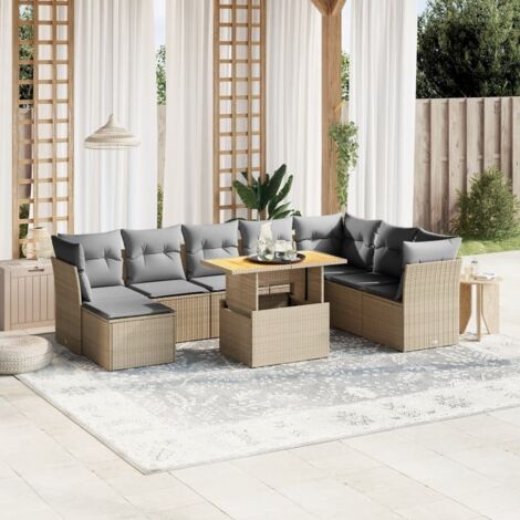 Gartenmöbelset mit Kissen 9 Teile beige Geflecht
