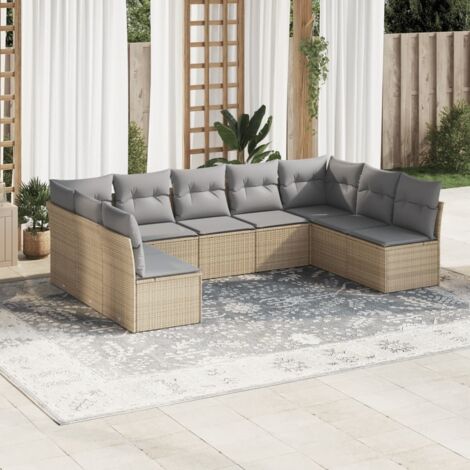 Gartenmöbelset mit Kissen 9 Teile beige Geflecht