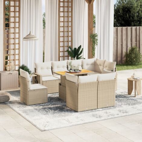 Gartenmöbelset mit Kissen 9 Teile Beige Geflochtene Kunstfaser