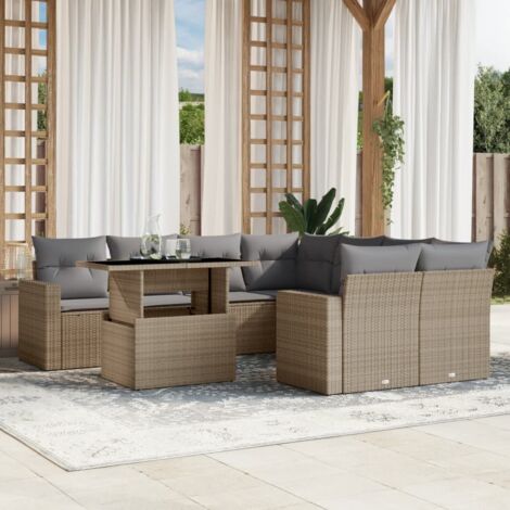 Gartenmöbelset mit Kissen 9 Teile beige, geflochtene Kunstharz