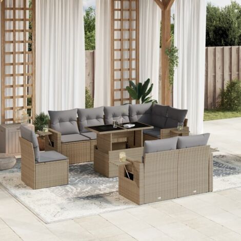 Gartenmöbelset mit Kissen 9 Teile Beige Geflochtene Kunststoff