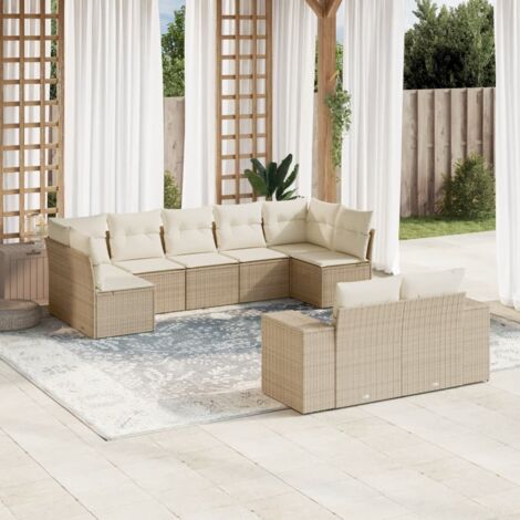 Gartenmöbelset mit Kissen 9 Teile Beige Geflochtene Rattan