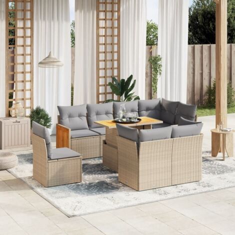 Gartenmöbelset mit Kissen 9 Teile beige geflochtene Rattan