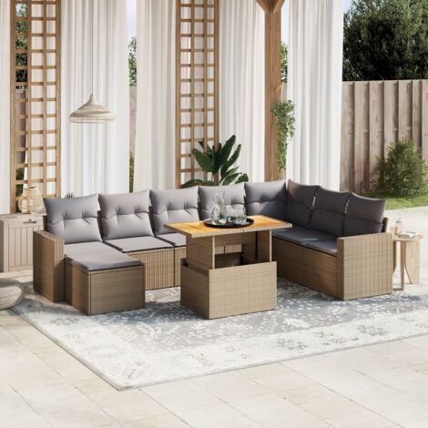 Gartenmöbelset mit Kissen 9 Teile beige geflochtene Rattan