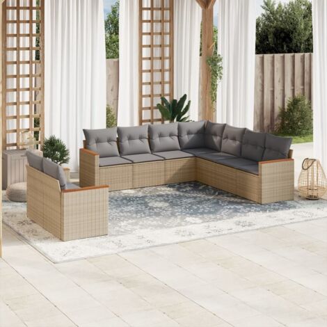 Gartenmöbelset mit Kissen 9 Teile Beige Meliert Geflecht