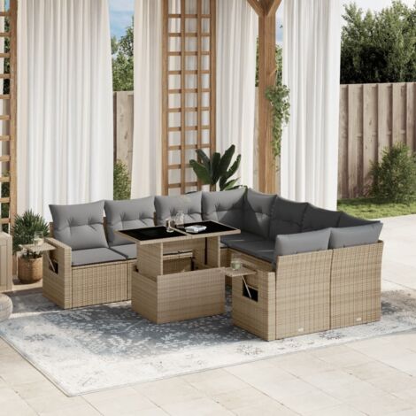 Gartenmöbelset mit Kissen 9 Teile beige Rattan