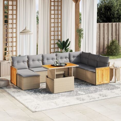 Gartenmöbelset mit Kissen 9 Teile beige Rattan