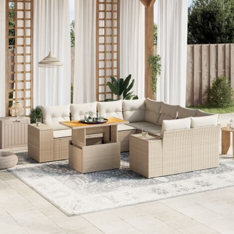 Gartenmöbelset mit Kissen 9-teilig beige aus geflochtener Kunstfaser
