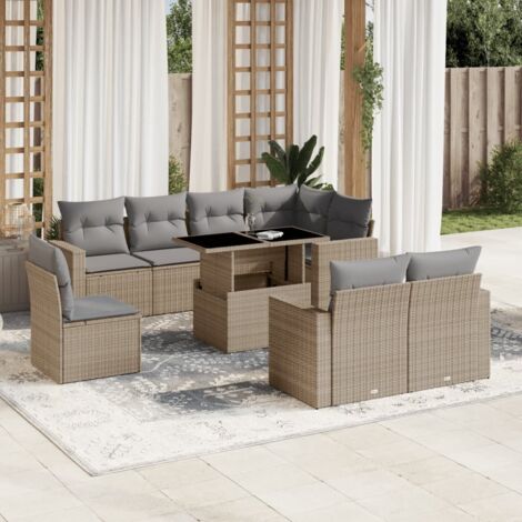 Gartenmöbelset mit Kissen 9-teilig beige Geflecht