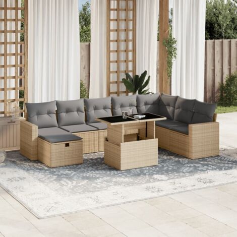 Gartenmöbelset mit Kissen 9-teilig beige geflochtene Kunstfaser