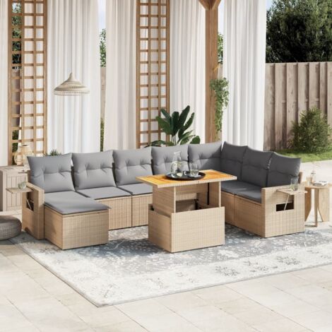 Gartenmöbelset mit Kissen 9-teilig beige geflochtene Kunstharz