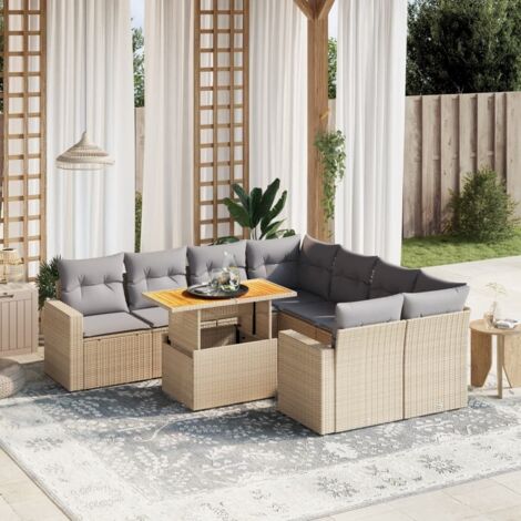 Gartenmöbelset mit Kissen 9-teilig beige, geflochtene Kunststoffrattan