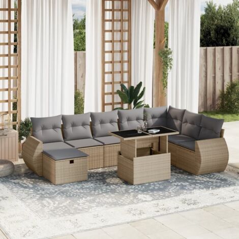 Gartenmöbelset mit Kissen 9-teilig beige geflochtenes Harz