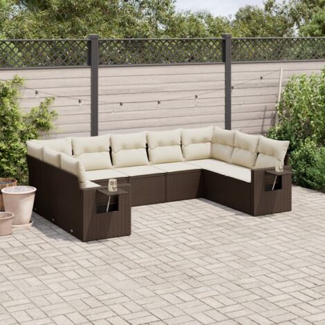 Gartenmöbelset mit Kissen 9 Teilig Braun Geflochtene Rasen