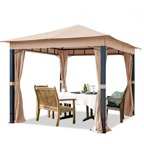 INTENT24 Gartenpavillon 3x3m ALU PREMIUM ca. 220g/m² Dachplane wasserdicht Pavillon - 4 Seitenteile Gartenzelt taupe ca. 9x9 cm Profil