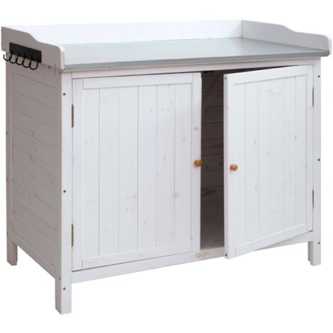 Gartenschrank mit Arbeitsplatte HHG-095, Pflanztisch, Outdoor Tanne Holz MVG-zertifiziert 86x104x52cm weiß