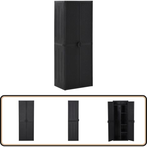 Gartenschrank Schwarz 65x45x172 cm PP Rattan - Lagerschrank - Garderobenständer - Stauraum - Außenmöbel - Terrassenmöbel