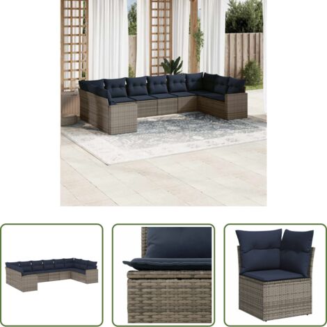 Gartensessel -  10-tlg. Garten-Sofagarnitur mit Kissen Grau Poly Rattan