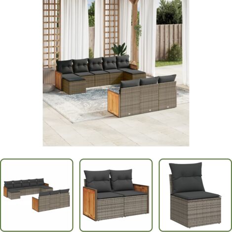 Gartensessel -  10-tlg. Garten-Sofagarnitur mit Kissen Grau Poly Rattan