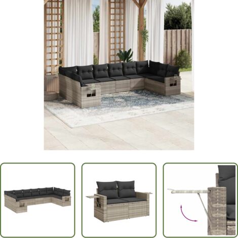 Gartensessel -  10-tlg. Garten-Sofagarnitur mit Kissen Hellgrau Poly Rattan