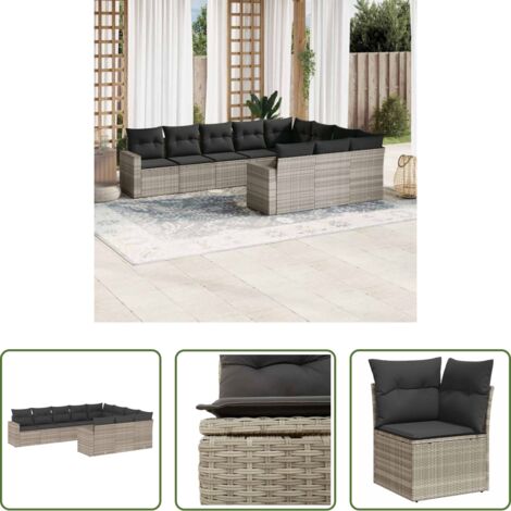 Gartensessel -  10-tlg. Garten-Sofagarnitur mit Kissen Hellgrau Poly Rattan