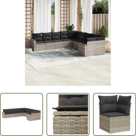 Gartensessel -  10-tlg. Garten-Sofagarnitur mit Kissen Hellgrau Poly Rattan