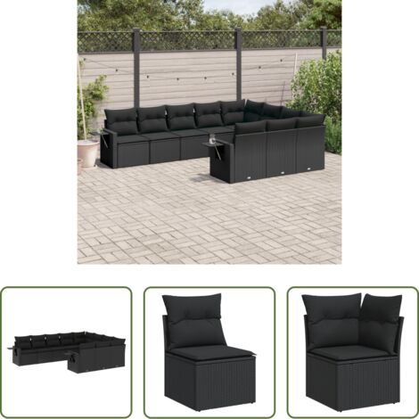 Gartensessel -  10-tlg. Garten-Sofagarnitur mit Kissen Schwarz Poly Rattan